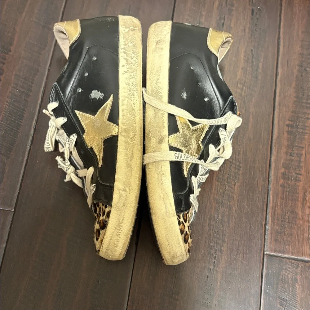Golden Goose Superstar Black and Gold Sneakers with Leopard Print
